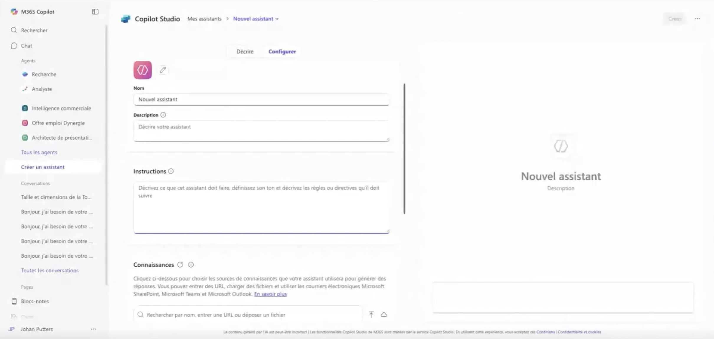 Interface Microsoft Copilot Studio